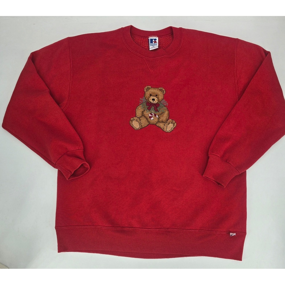 Vintage Russell Athletic Teddy Bear Embroidered Sweatshirt XL Made USA 90s Red